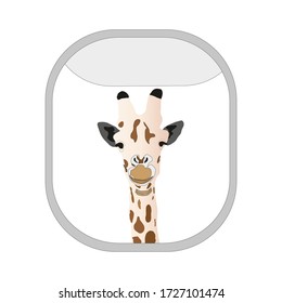 Icon, giraffe head in an airplane window.