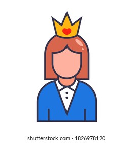 icon girl in a gold crown. beauty contest winner. flat vector character illustration isolated on white background.