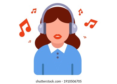 icon of a girl in headphones with music playing. flat vector illustration isolated on white background