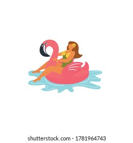 Icon girl in on inflatable flamingo ring, in a bikini. Summer colorful element for your design. Hello summer. Vector illustration.