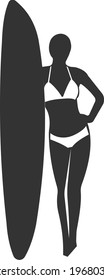 Icon of a girl with a surfboard. Vector image isolated on a white background. Flat icon in black style. Signs and symbols for websites, web design, and mobile apps.