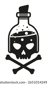 Ícone de garrafa de vidro com veneno, com líquido perigoso com rótulo com crânio e ossos cruzados. Ilustrações vetoriais EPS10