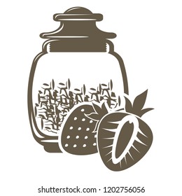 Icon of glass jar with weight tea with strawberry flavor or flavoring. Vector isolated object on white background.