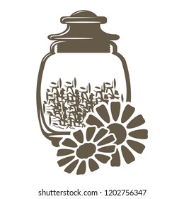 Icon glass jar with weight tea with a taste or flavor of chamomile. Vector isolated object on white background.