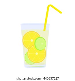Icon of glass with lemonade, straw and citrus slices vector illustration cartoon