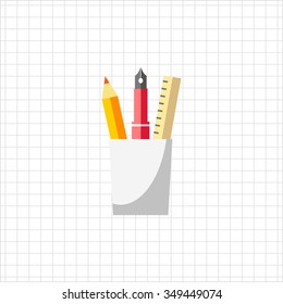 Icon of glass with pencil, ink pen and ruler