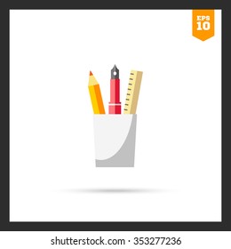 Icon of glass with pencil, ink pen and ruler