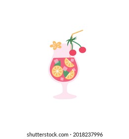 Icon of a glass with a refreshing hawaiian cocktail. Drink with ice, citrus, mint and cherry. Flat vector illustration isolated on a white background.