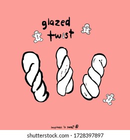 Icon glazed twist donut in sketch brush style. With gingerbread. Isolated on pink background. Hand drawn vector illustration sweet. 2