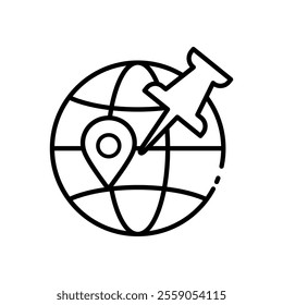 icon Global positioning pin on world map, suitable for travel, navigation, technology, GPSthemed designs, web content, or locationbased businesses. isolated white background editable, eps 10.