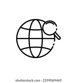 icon Global search, concept with magnifying glass and  globe for websites, blogs, presentations, educational materials, and environmental campaigns.Isolated white background editable,eps 10