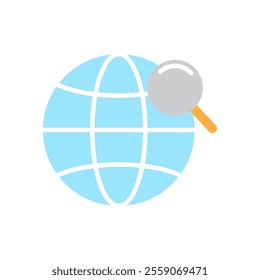 icon Global search, concept with magnifying glass and  globe for websites, blogs, presentations, educational materials, and environmental campaigns.Isolated white background editable,eps 10