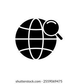 icon Global search, concept with magnifying glass and  globe for websites, blogs, presentations, educational materials, and environmental campaigns.Isolated white background editable,eps 10