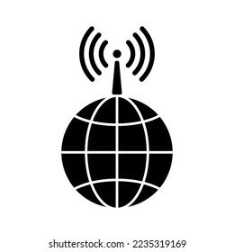 Icono de globo y antena con señales. Símbolo de conexión a Internet u otra transmisión de comunicación a través del planeta y más allá. Ilustración vectorial