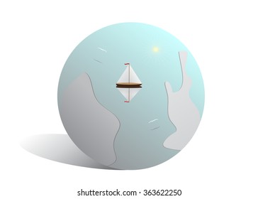 icon  globe. Blue globe , a ship with a sail and a pair of birds.