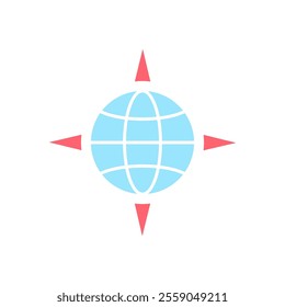 icon globe compass,Global positioning system lines surround a world map, ideal for illustrating technology, navigation systems, travel, and global connectivity concepts. isolated white background edit