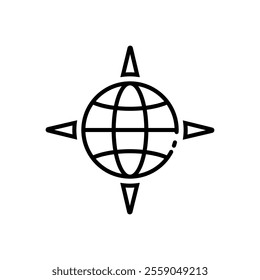 icon globe compass,Global positioning system lines surround a world map, ideal for illustrating technology, navigation systems, travel, and global connectivity concepts. isolated white background edit