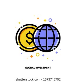 Icon of globe and dollar for global investment or world financial system concept. Flat filled outline style. Pixel perfect 64x64. Editable stroke