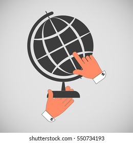 Icon globe, earth layout with a stand in the hands isolated on a gray background. Vector illustration