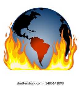 An icon of a globe in fire with epicentre in South America, vector image, eps10