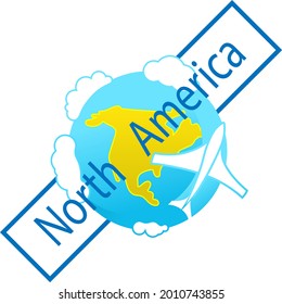 Icon of globe. Flying plane. North America continent. Tourist logo