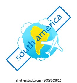 Icon of globe. Flying plane. South America. Tourist logo