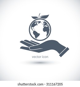 Icon with globe and hand.