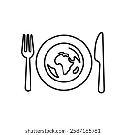 Icon of Globe, knife and fork. World Food day isolated on white background. Vector Illustration.