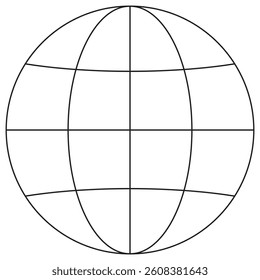 Icon of a globe with latitude and longitude lines, representing the world, global network, and internet. Vector pictogram with thin black lines on a transparent background. Line thickness is editable