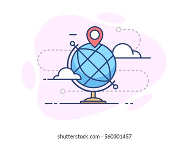 The icon of the globe with the pin, the clouds and route on white background in flat style with stroke