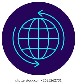 Icon of a globe with two circular arrows. Vector pictogram with thin lines on a dark blue circular background. Symbolizes global connection, internet network, and data exchange