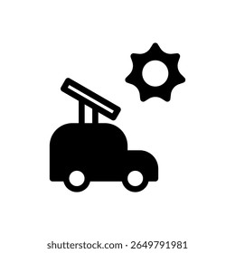 Icon Glyph electric car powered by solar panel. Free energy, ecology, renewable, green energy and solar power plant concept. Black and Semi Solid icon.