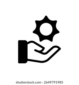 Icon Glyph Hand, freundliche Solar-Sonnenenergie. Freie Energie, Ökologie, Erneuerbare, Grüne Energie und Solarkraftwerkskonzept. Schwarz und halbfest Symbol.