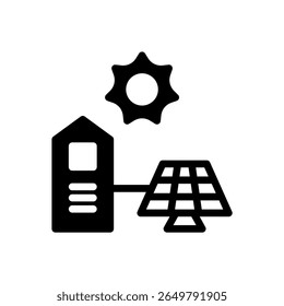 Icon Glyph house powered by solar panel. Free energy, ecology, renewable, green energy and solar power plant concept. Black and Semi Solid icon.