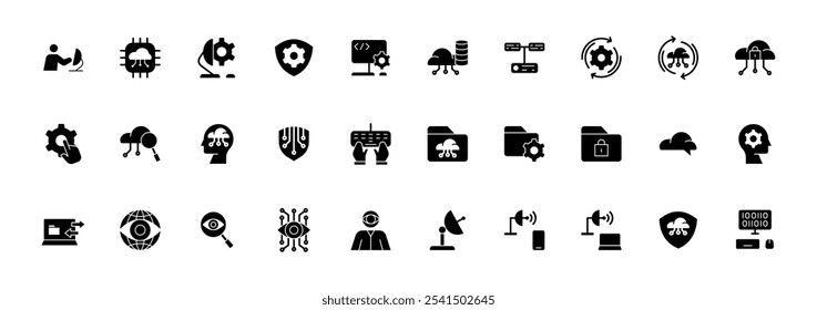 Icon Glyph Information Technology icon set. Included cloud computing, IT manager, big data, internet, network security, spyware, cloud computing, binary code and more. Solid black style