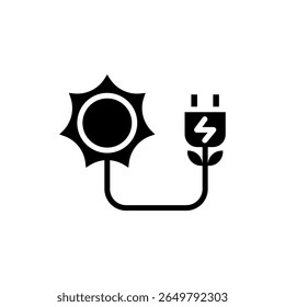 Icon Glyph plug in charge energy powered by sun energy. Free energy, ecology, renewable, green energy and solar power plant concept. Black and Solid icon.