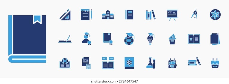 Glifo del icono fijado de nuevo al concepto de la escuela. equipo de la escuela, lápiz, bolso, graduación y estudiante del collage. Icono sólido con color azul aislado fondo blanco.