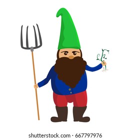 Icon of a gnome. A dwarf with a beard and a hood. Garden gnome with pitchforks and growth. Vector illustration