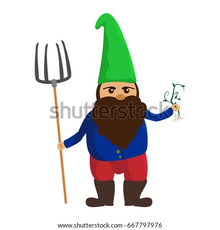 Icon of a gnome. A dwarf with a beard and a hood. Garden gnome with pitchforks and growth. Vector illustration