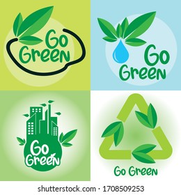 Icon go green set, with leaf, water and city premium vector illustration