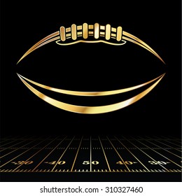 An icon of a gold colored American football over a football field illustration. Vector EPS 10. Room for copy.