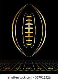 An icon of a gold colored American football over a football field illustration. Vector EPS 10 available. Room for copy.