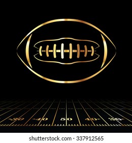 An icon of a gold colored American football over a football field illustration. Vector EPS 10 available. Room for copy.