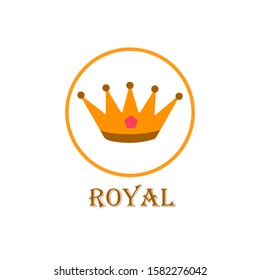 Icon of the gold crown in a circle with the inscription royal on white background. Cartoon style illustration. Logo for companies and business