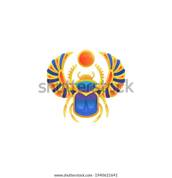 Icon of gold egyptian scarab with blue enamel\
flat vector illustration\
isolated.
