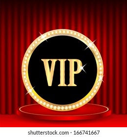 icon in gold with jewels and the word vip.VIP mark on the podium on a background of red portieres.vector