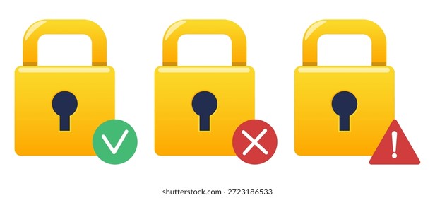 Icono de cerradura de oro con marca de verificación verde, cruz roja o signo de exclamación. Ciberdefensa. Acceso permitido o prohibido. Protección de seguridad. Icono de atención. Verificación de privacidad. Guardia de red. Conjunto de símbolos de Vector