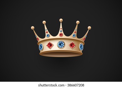 Icon of gold royal crown with red and blue diamond on a dark black background. Vector Illustration
