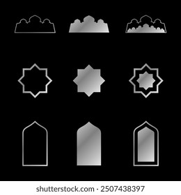 Icon Gold Silver Flat set Islamic frames oriental style objects arabic shapes windows and arches traditional ornamental