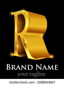 Icon of gold text font, 3D illustration of R, alphabet, case, font, graphic, language, letter isometric icon.